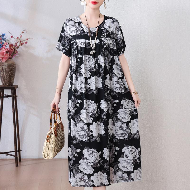 Plus Size Loose Vintage Print Langes Kleid für Damen Lässige Kurzarm-Sommer-Damenkleider