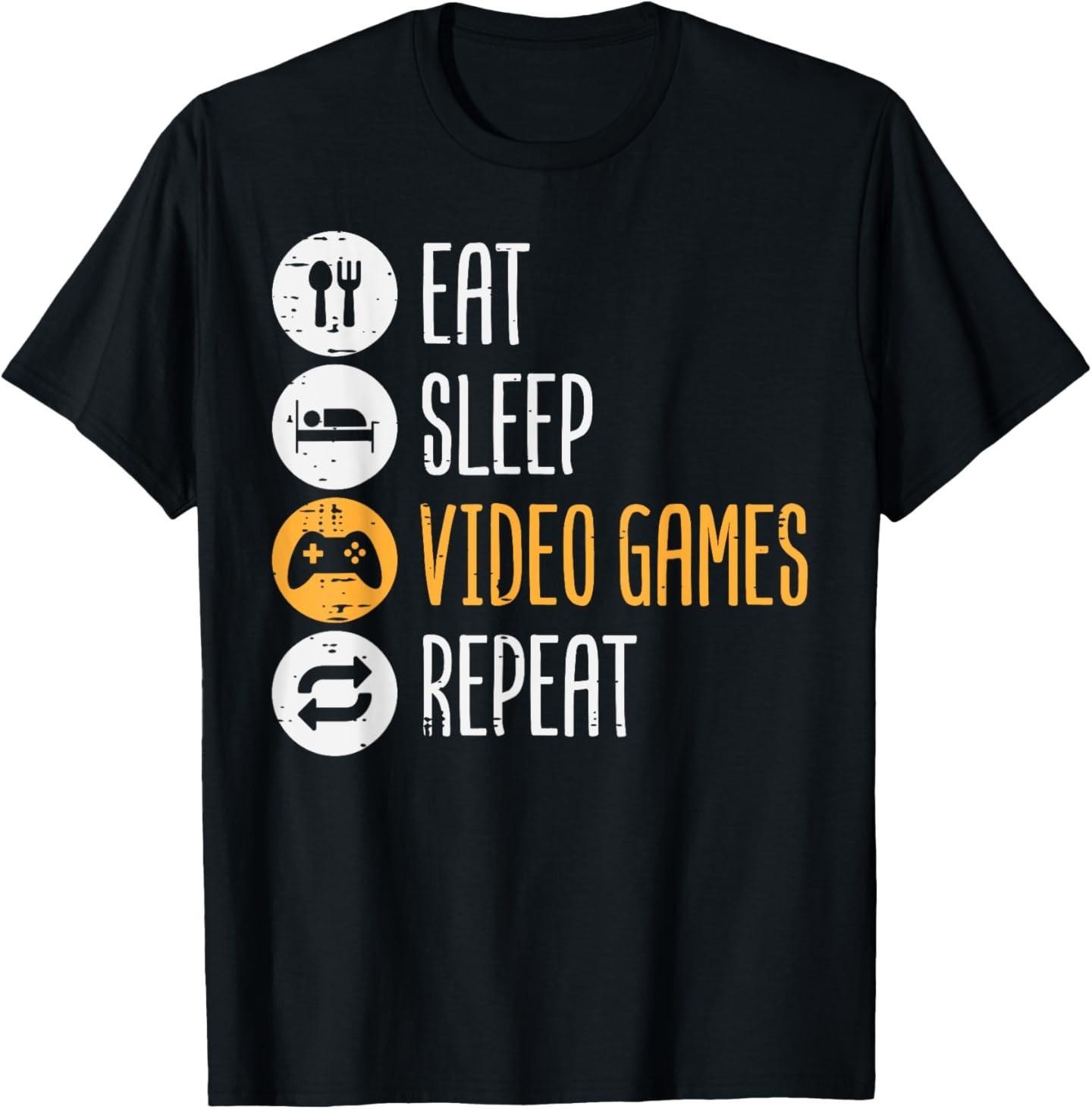 Eat Sleep Video Games Repeat Gaming Gamer Men Boys T-Shirt Mens Womens Tees Top S