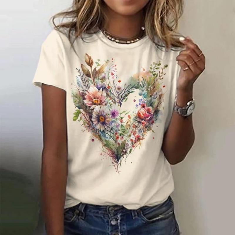 Mode 3D Blume Liebe Druck T Shirt Für Frauen Nette Mädchen Kurzarm Tops Casual Oansatz Lose Pullover Sommer Trend Kleidung