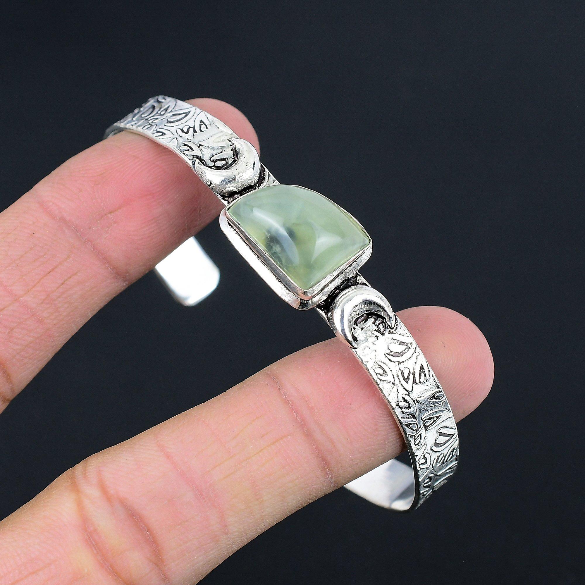 

925 Silver Natural Moss Prehnite Unique Crescent Moon Sister Handmade New Bangle Adjustable