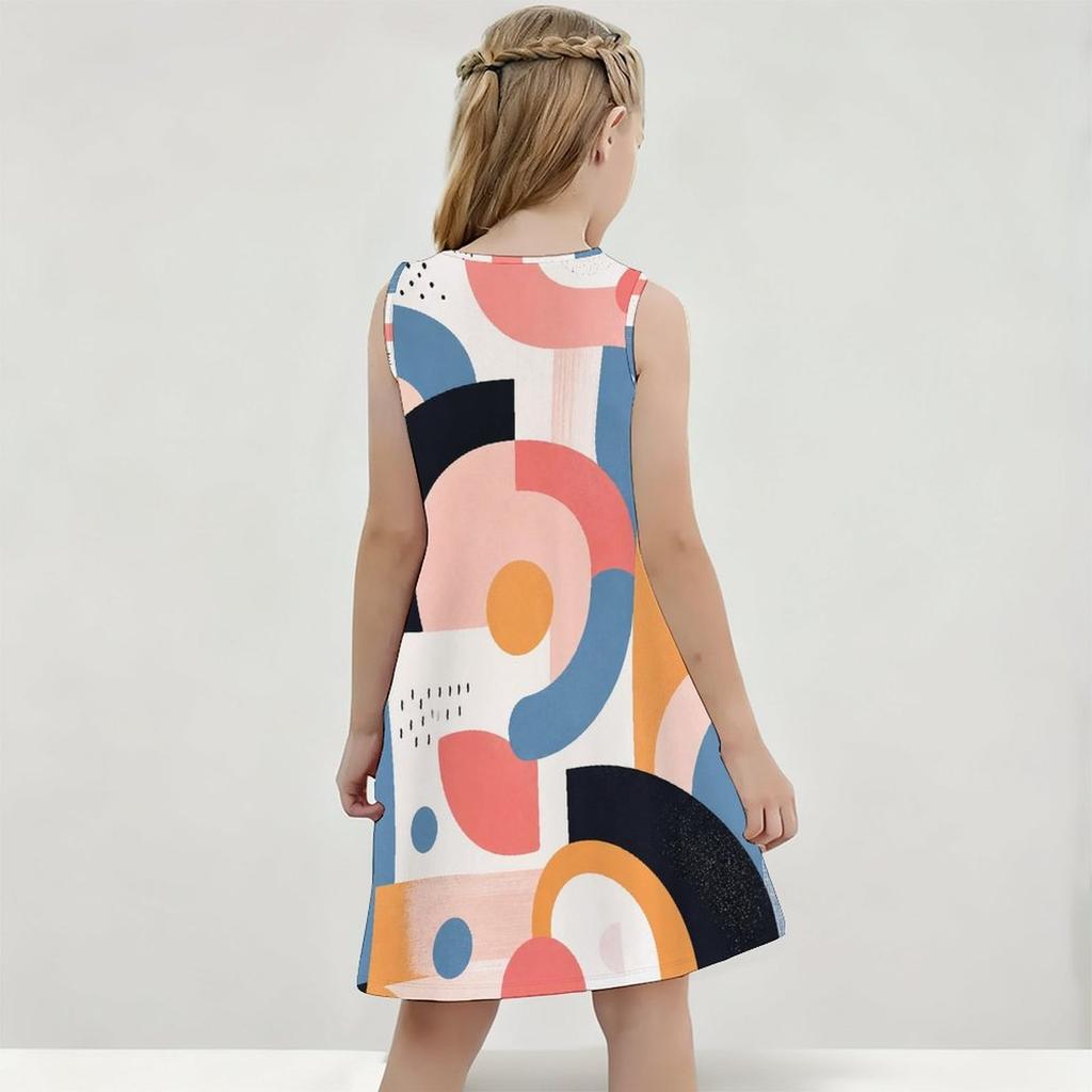 Little Girls Round Neck Sleeveless Geometric Printed A Line Flared Dress