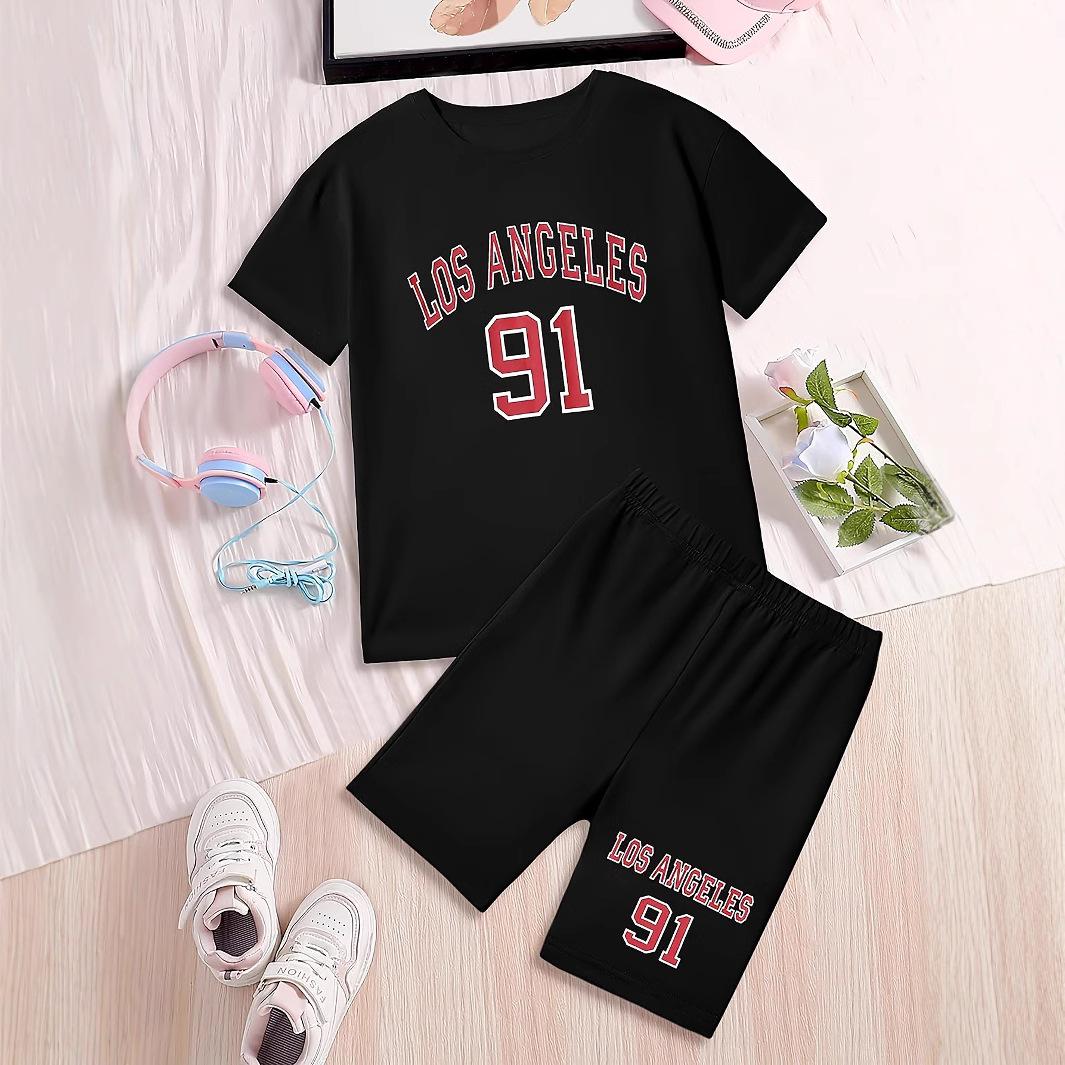 

Модный костюм для девочек, летний детский повседневный костюм с круглым вырезом и короткими рукавами 7-8Y чёрный