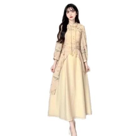 Autumn New Version of Long Chinese-style Improved Cheongsam Skirt Large Size French Retro Elegant Dress Women's Picture Color