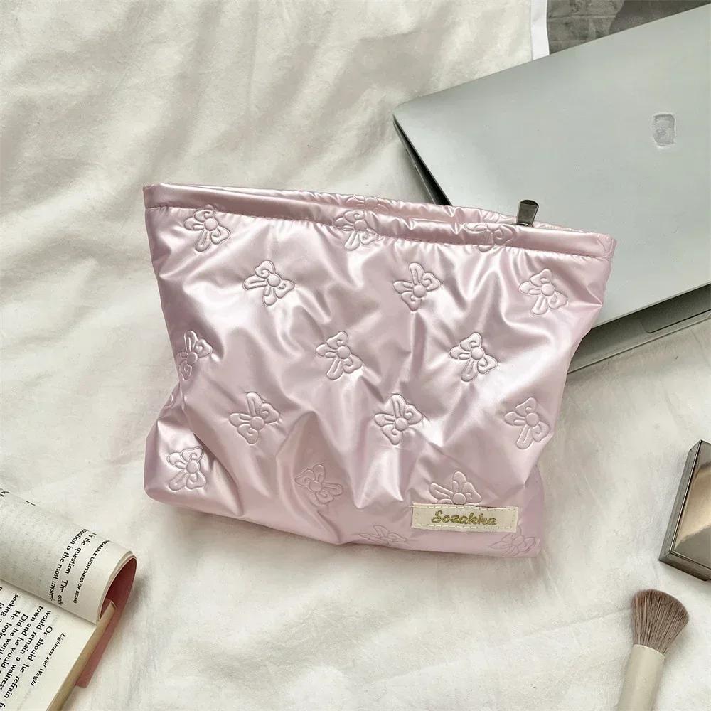 Korean Quilted PU Love Bow Cosmetic Bag Skincare Products Pouch Inner Pocket Multi-function Makeup Lipstick Storage Bag Handbag