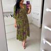Summer Printed V-neck Women's Dress, High-waisted Tie Dress Flared Mid-sleeve Ruffled Dress