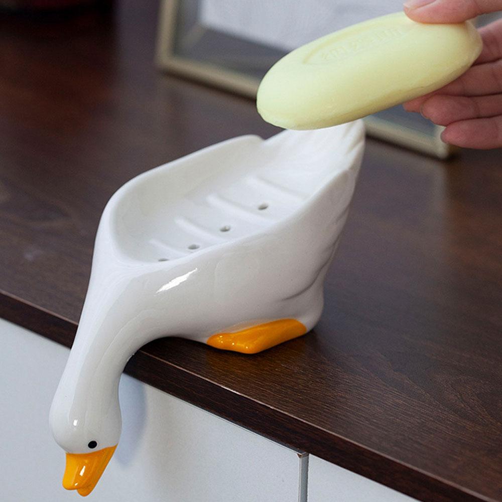 Duck Shape Soap Box Creative Ceramic Drain Soap Dish Bathroom Soap Storage Holder Household Shower Container Sponges Drainer Dry