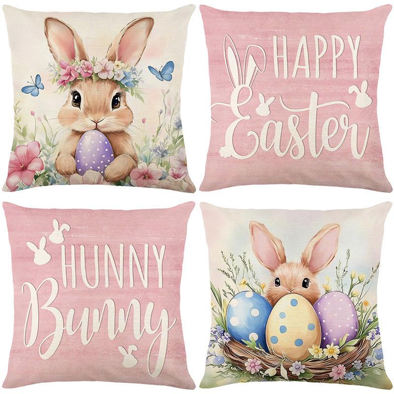 Happy Easter & Hunny Bunny Pillow Case Set Pastel Floral Cushion Covers for Living Room Holiday Decoration