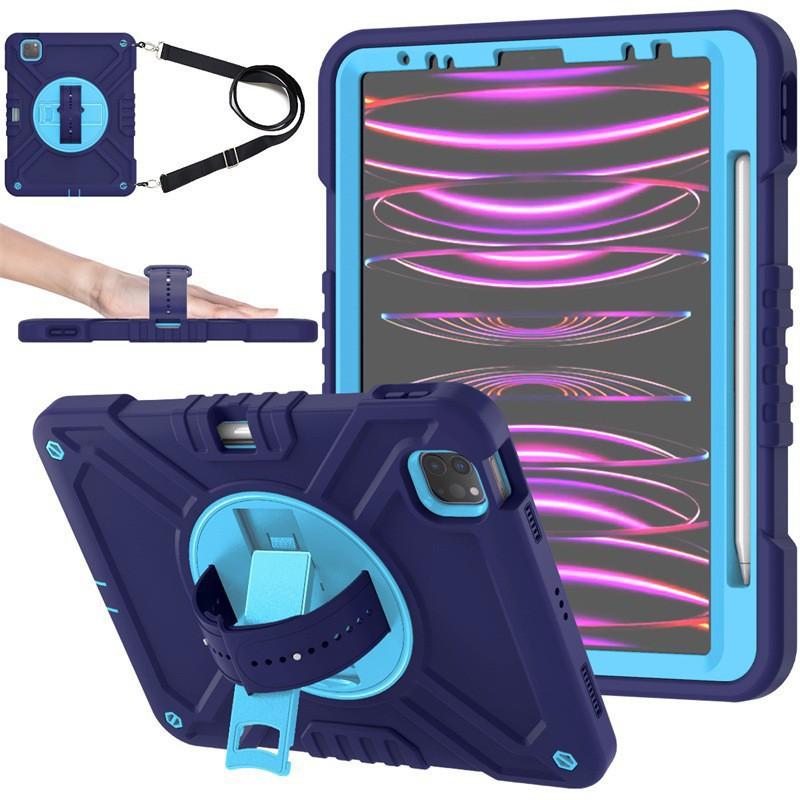 Silicone Shockproof Rotating Stand Case With Pen Slot Shoulder Strap IPad Air 11 Pro Kids Friendly Full Coverage
