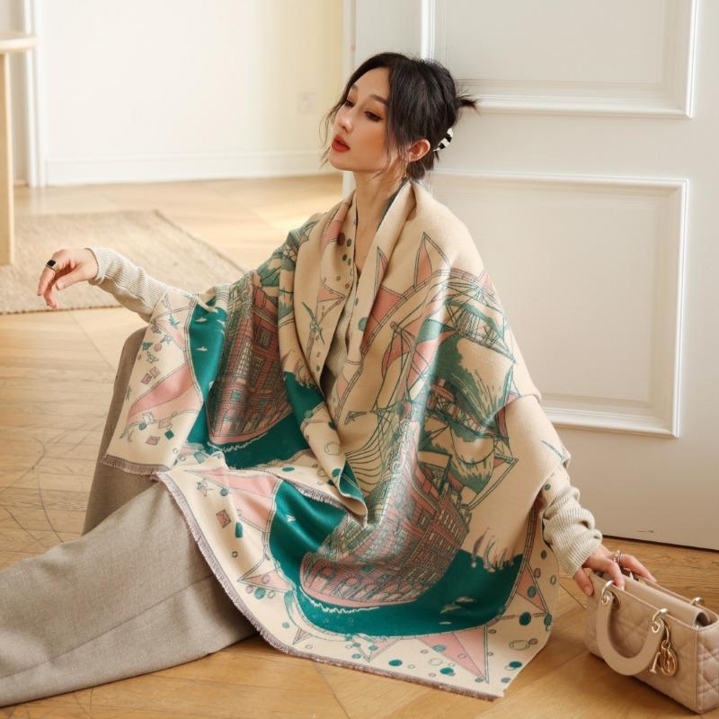 Gradual change flower imitation cashmere scarf women's high sense double-sided jacquard shawl retro scarf