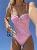 Women’s Pink Striped One Piece Swimsuits Tie Shoulder High Cut Tummy Control Bathing Suit Summer Beach Swimwear