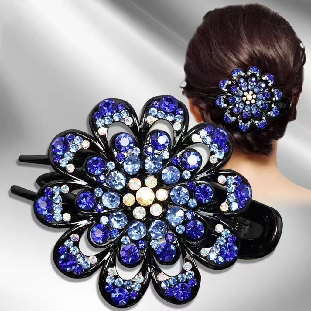 Flower Hair Clip Crystal Rhinestone Fancy Ponytail Barrette Elegant Hair Clip for Women