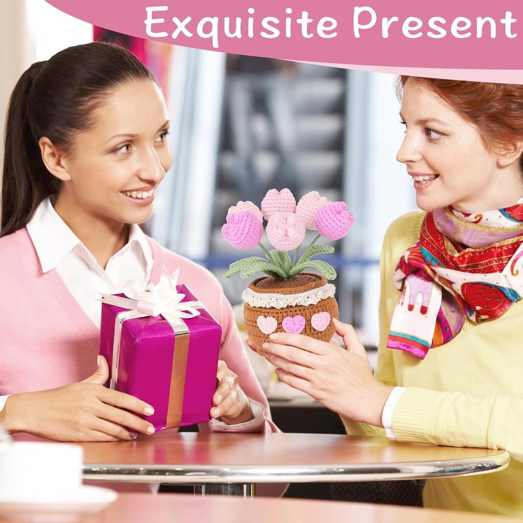 Handmade Potted Crochet Tulip Bouquet, Blush Pink Crocheted Tulips Hand Woven Flowers Knitted Flowers in Exquisite Pot Gift for Women Friends Kids