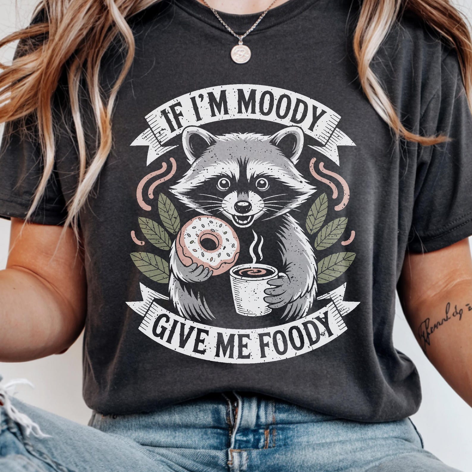 If I m Moody Give Me Foody T-Shirt Funny Raccoon Donut Coffee Tee Sarcastic Trashcore Gift Goblincore Shirt Foodie Humor Anti-Social Top S