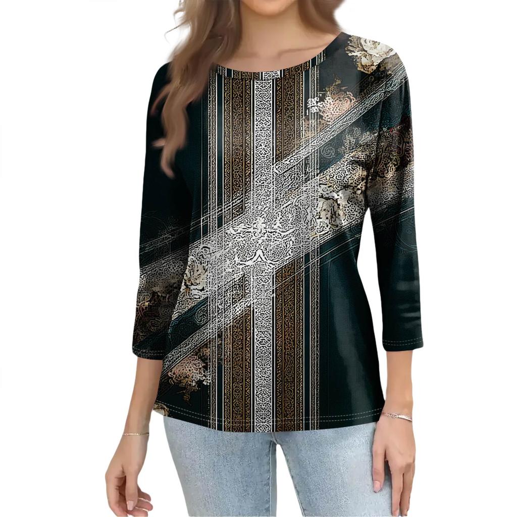 Trendy Vintage 3/4 Sleeve Top For Women,Ladies Casual Three Quarter Sleeve Round Collar Printed T-Shirt Blouse