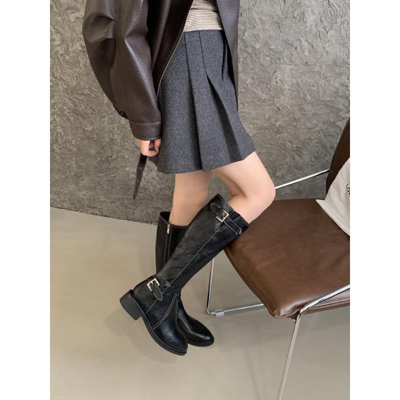 Khaki tall boots autumn button boots women's 2025 new thin and tall small Spice Girls short boots