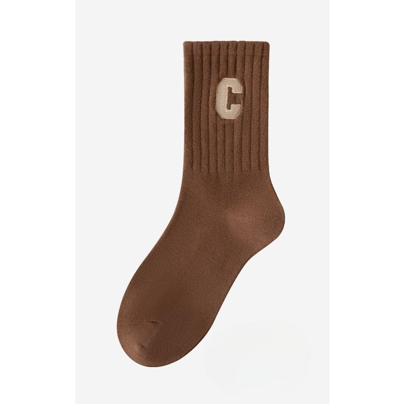 Women's Spring and Autumn Mid-calf Socks, Sweat-absorbing C-letter Color Socks, Embroidered Women's Socks, Long Cotton Socks