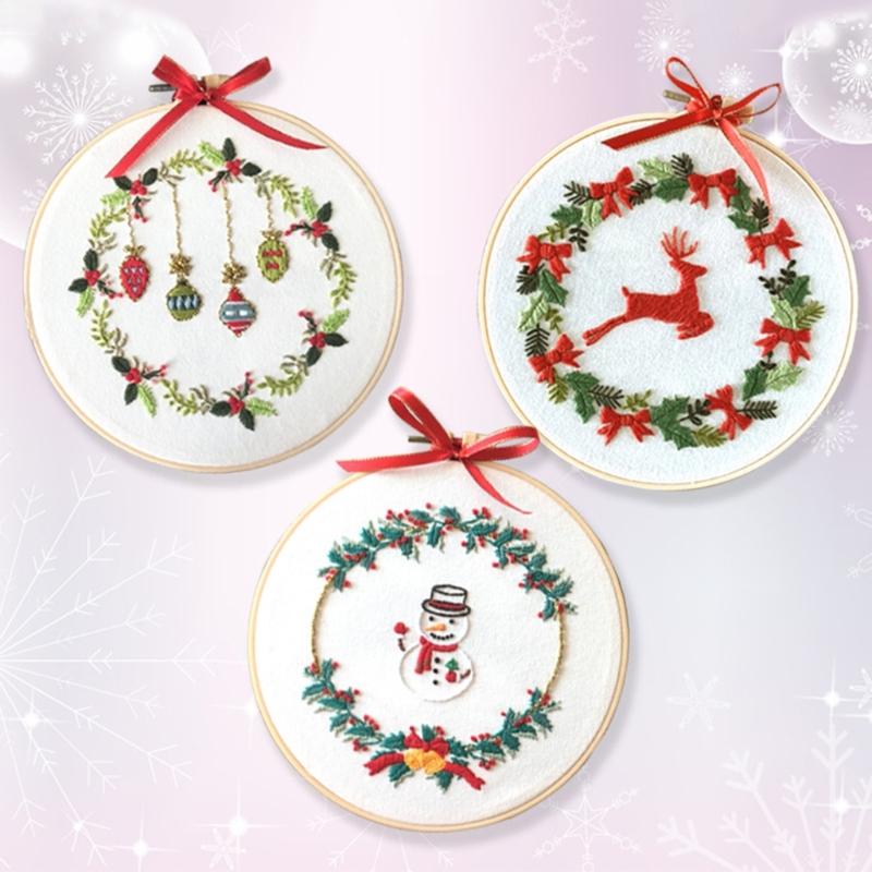 Full Ranges of Stamped Christmas Ornament Embroidery Set for Beginner, Christmas Wreath Cross Stitching Starter Kits