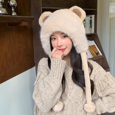Cute Warm Winter Hat Ear Protection Velvet Bear Ears Hat Lacing Rabbit Ear Woolen Bucket Hat Women