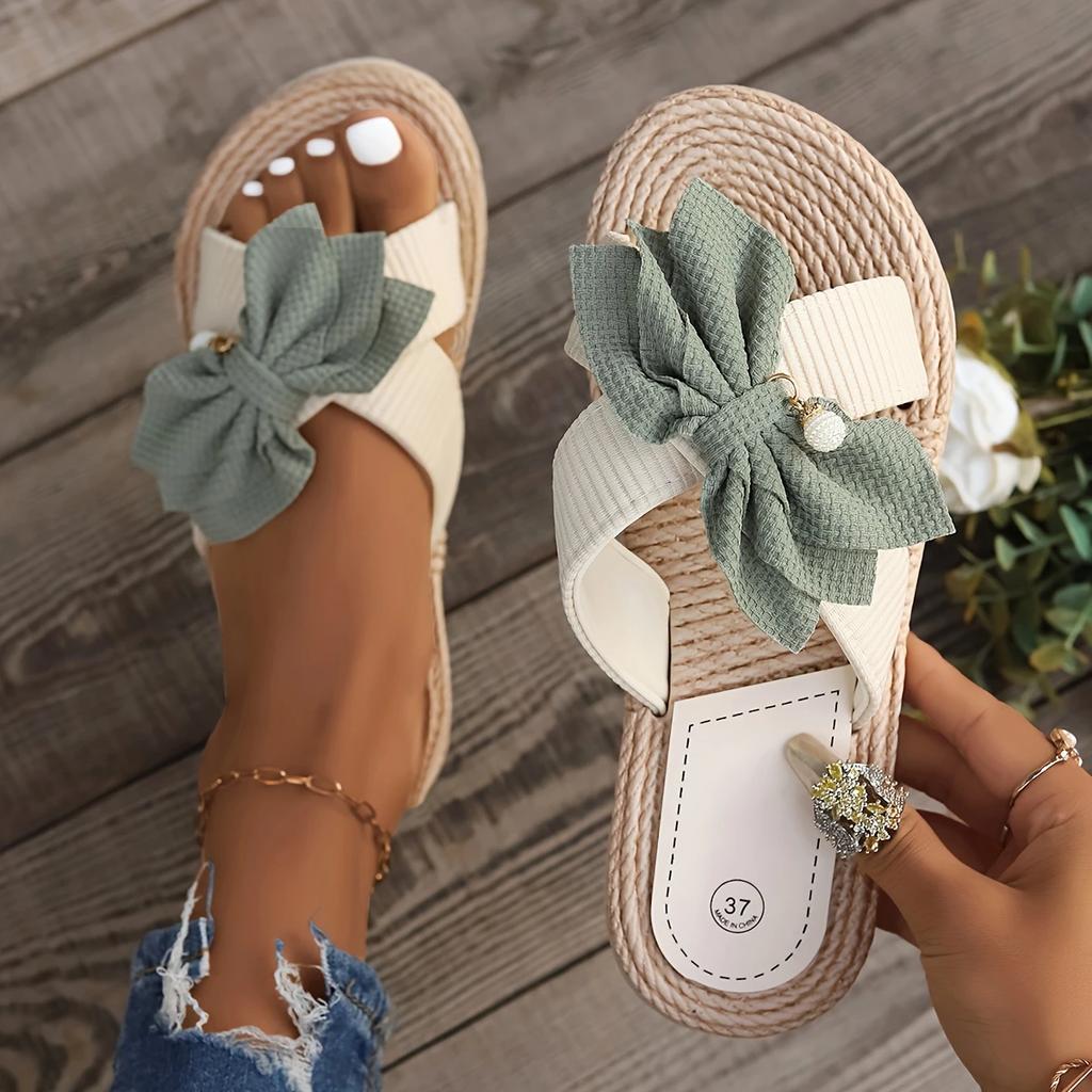 Women's Beach Casual Slippers Floral Flat Sandals with Beaded Bow and Comfortable Footbed