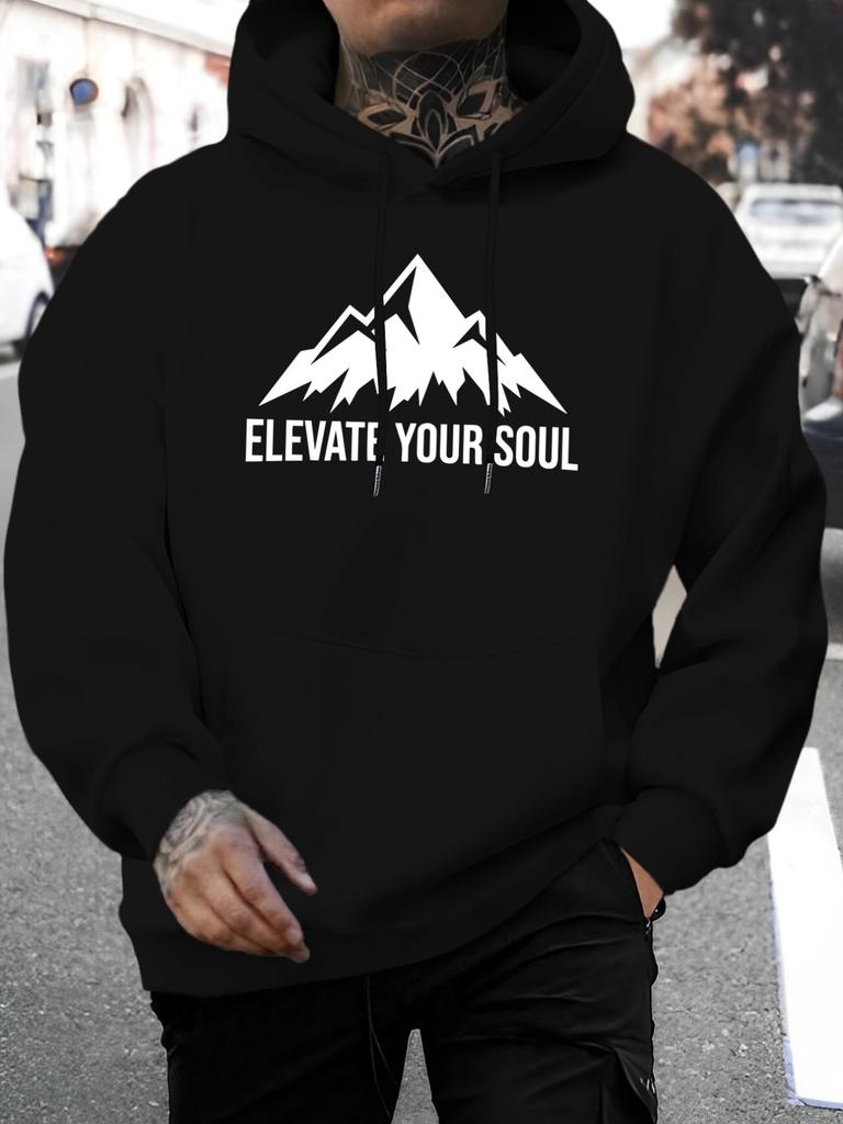 New Summer 2026 unisex European and American Casual Versatile Style Fashionable unisex Hooded Sweatshirt with Mountain Peak Pattern and "ELEVATE YOUR