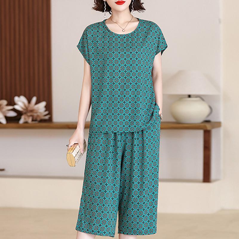 Plus Size Women Two Peice Sets Summer Loose Elegant High Waist Pant Sets Female Casual Vintage Print Oversize Suit