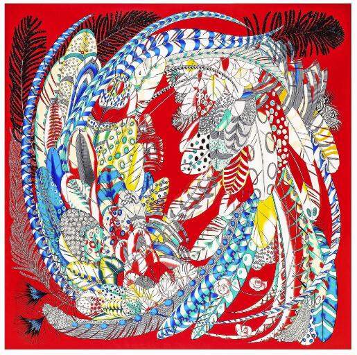 130cm Silk Square Scarf Women Large Shawls Colorful Feather Design Square Bandana Luxury Kerchief Scarf Female Foulards
