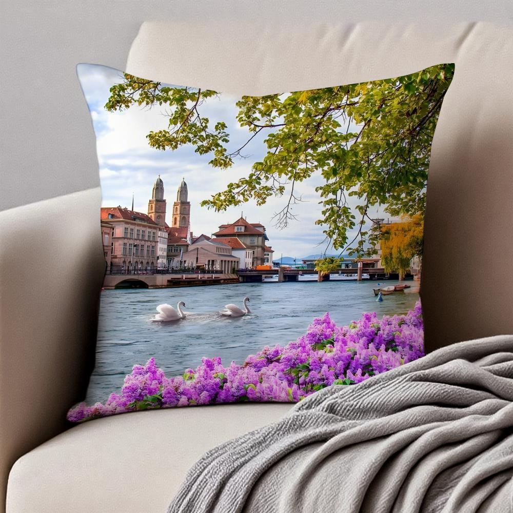 1PCS Classical LLake Zurich Cushion Cover Pillowcase Antidustmite Invisible Zipper Short Plush Sofa Cushion