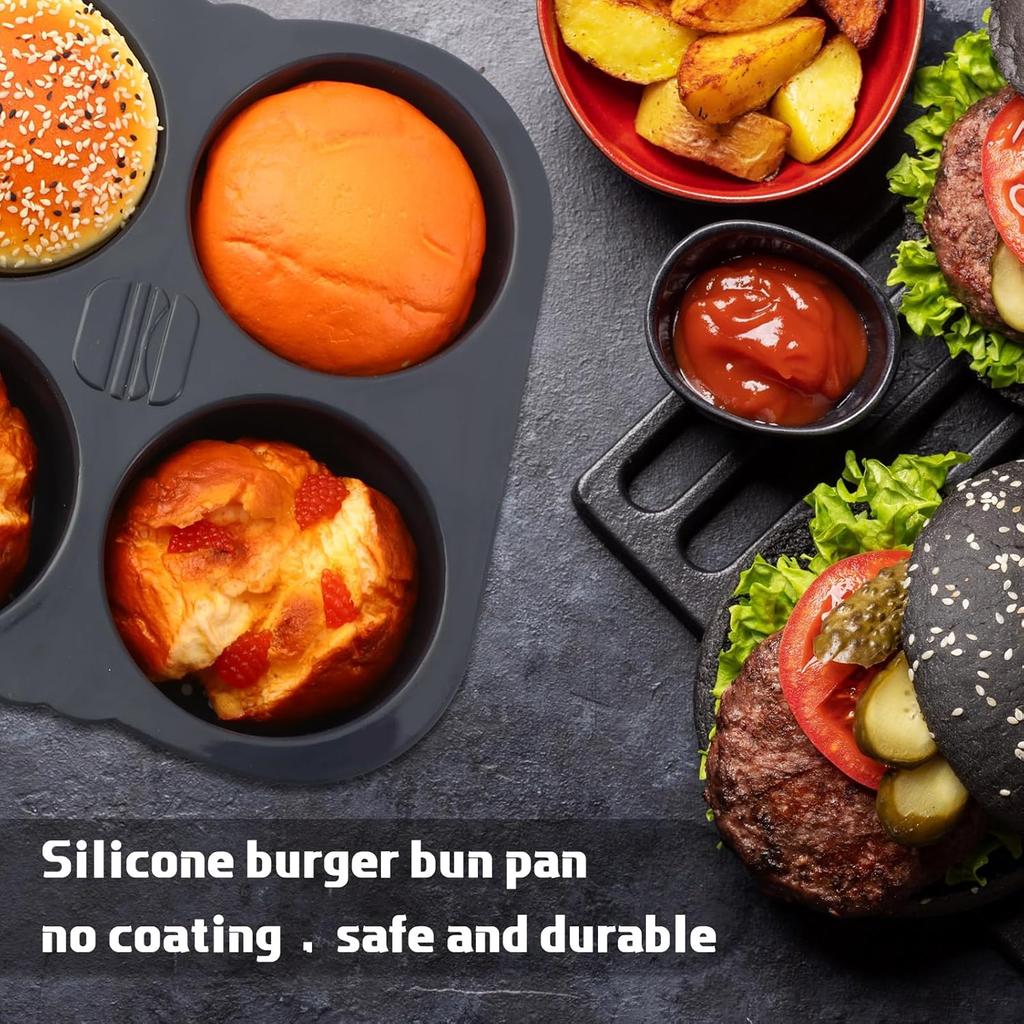 Set of 3 Silicone Baguette Pan and Hamburger Bun Pan Set with Spatula Nonstick 4 Wave Baguette Baking Tray 6 Cup Hamburger Bun Mold for Homemade