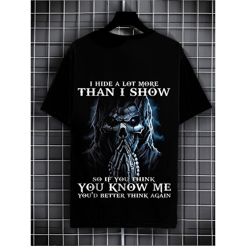 Europeisk Storlek Herr T-shirt med Skallegrafik - 3D-tryckt Streetwear, Svart Casual Kortärmad T-shirt med Designen "I Hide a Lot More Than I Show"
