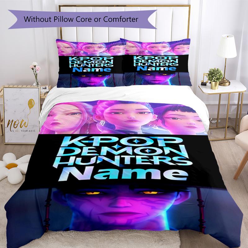 3pcs Custom Name KPop Demon Hunters Bedding Set Duvet Cover Closure Includes 1 Duvet Cover & 2 Pillowcases, Soft and Comfortable for All Seasons.
