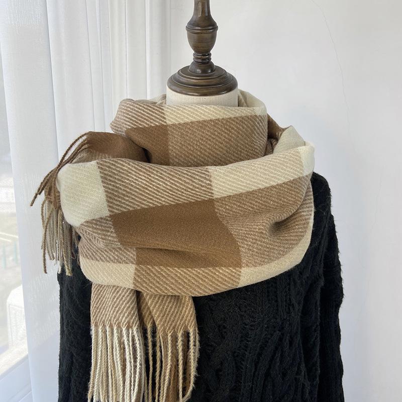 Geometric Plaid Scarf - Windproof Warm Winter Scarf with Fringe Edges, Unisex Elegant Casual Scarf for Women Fall Winter Fashion Accessory