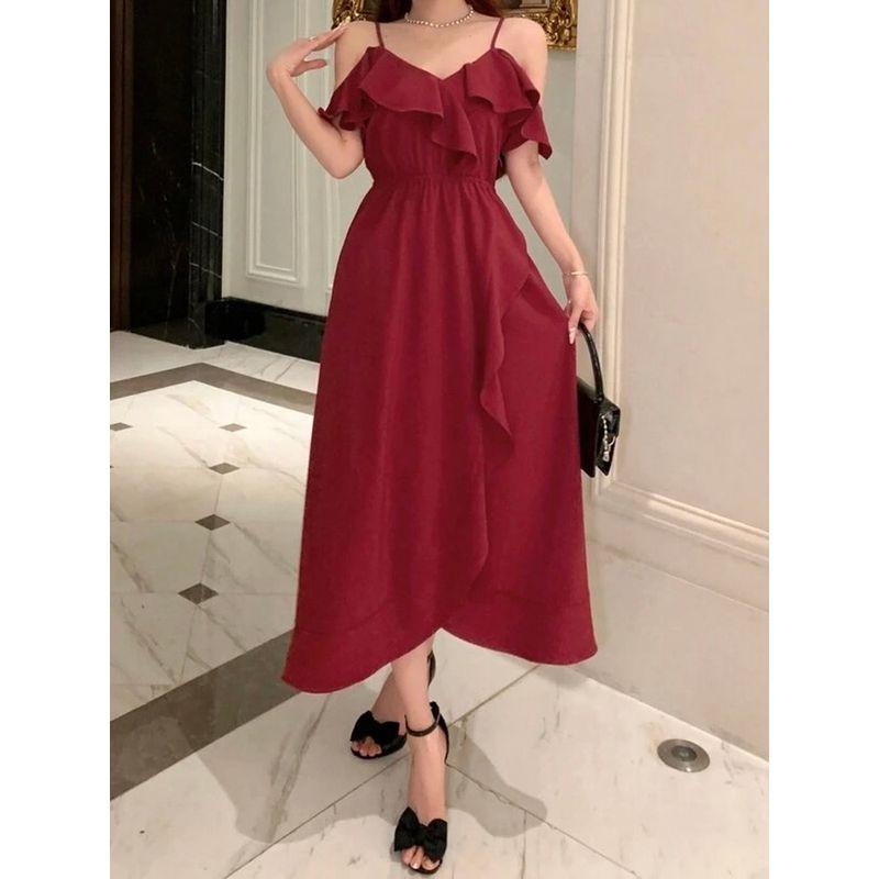 Foreign Trade Order 2025 Lady Temperament Elegant Beautiful Sling Frill off-Shoulder Sexy Irregular White Dress