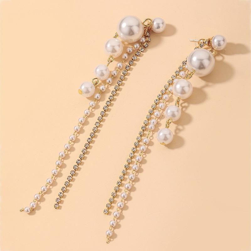Diamond-set Imitation Pearl Fringed Silver Needle Earrings, Fashionable and Elegant Long Atmospheric Temperament Versatile Earrings