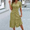 Summer Casual V Neck Short Sleeve Maxi Dress Women Beach Sundress Ruched Button Down Long A Line Swing Dress