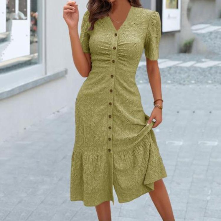 Summer Casual V Neck Short Sleeve Maxi Dress Women Beach Sundress Ruched Button Down Long A Line Swing Dress