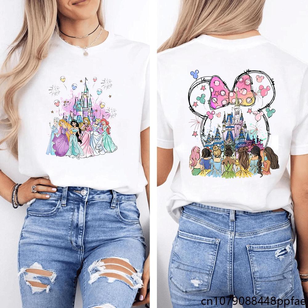 

Женская мода Новая милая футболка с принтом принцессы Диснея Рубашка с замком Диснея Милая футболка с головой Минни M