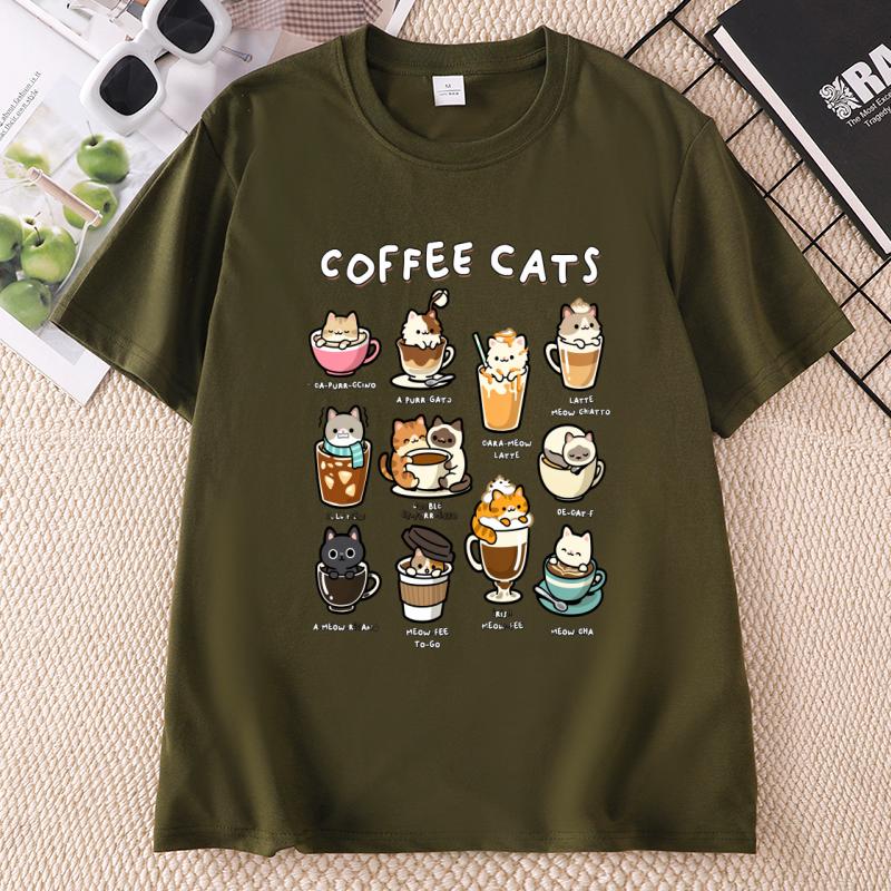 Funny Coffee Cat Cotton Short Sleeve Round Neck Printed Tshirts Unisex Unisex Streetwear Cat Lover Tshirt Unisex Clothing