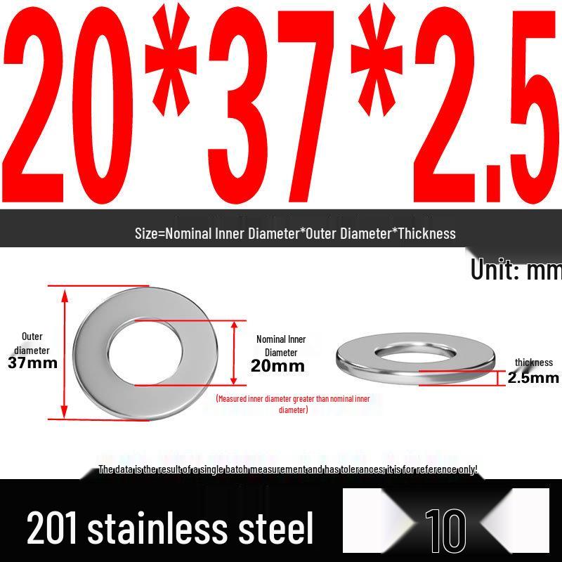 201 Stainless Steel Flat Washer Shim, GB97, Sizes M3 to M30