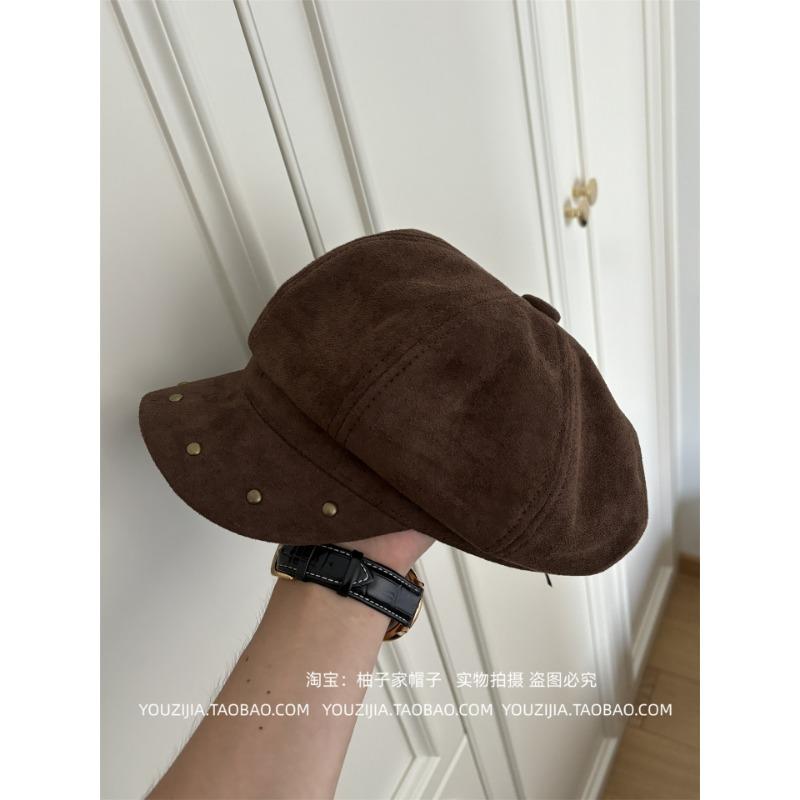 Women S Suede Rivet Metal Fashion Octagonal Hat For Large Head Circumference