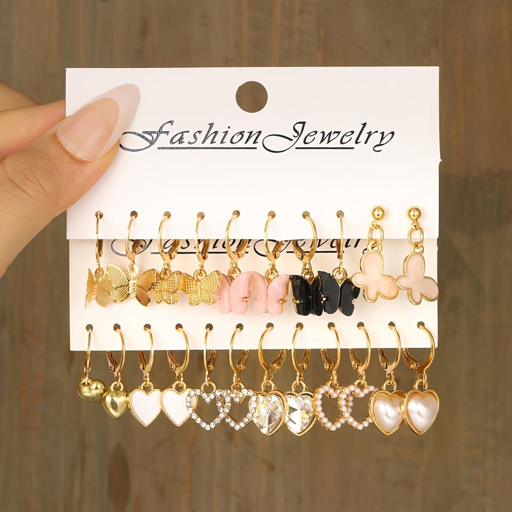 Fashion Acrylic Butterfly Pendant Earring Set Vintage Design Heart-shaped Pendant Hoop Earrings Women's Bohemian Summer Zircon