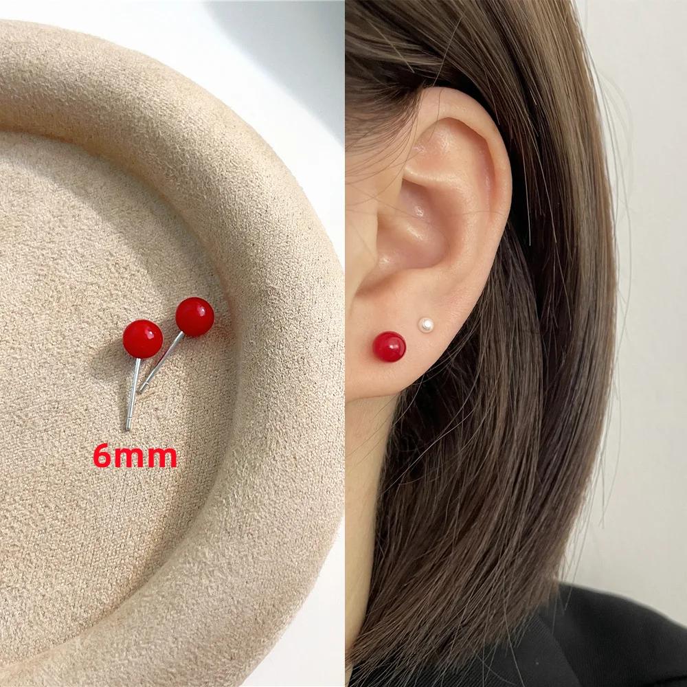 4mm 6mm 8mm 14mm Rote Farbe Runde Imitationsperlen Ohrstecker für Damen Elegantes Romantisches Temperament Schmuckzubehör Geschenk