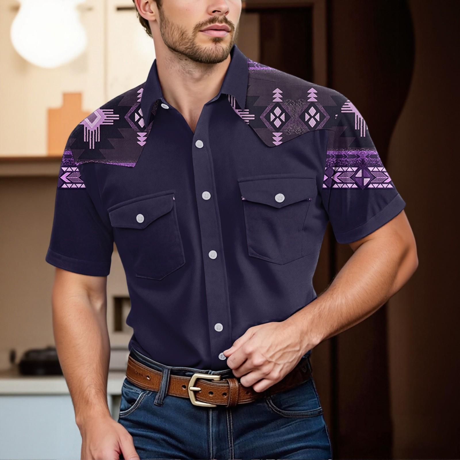 

Мужской модный топ кэжуал с короткими рукавами, лацканами и длиной до плеч L фиолетовый