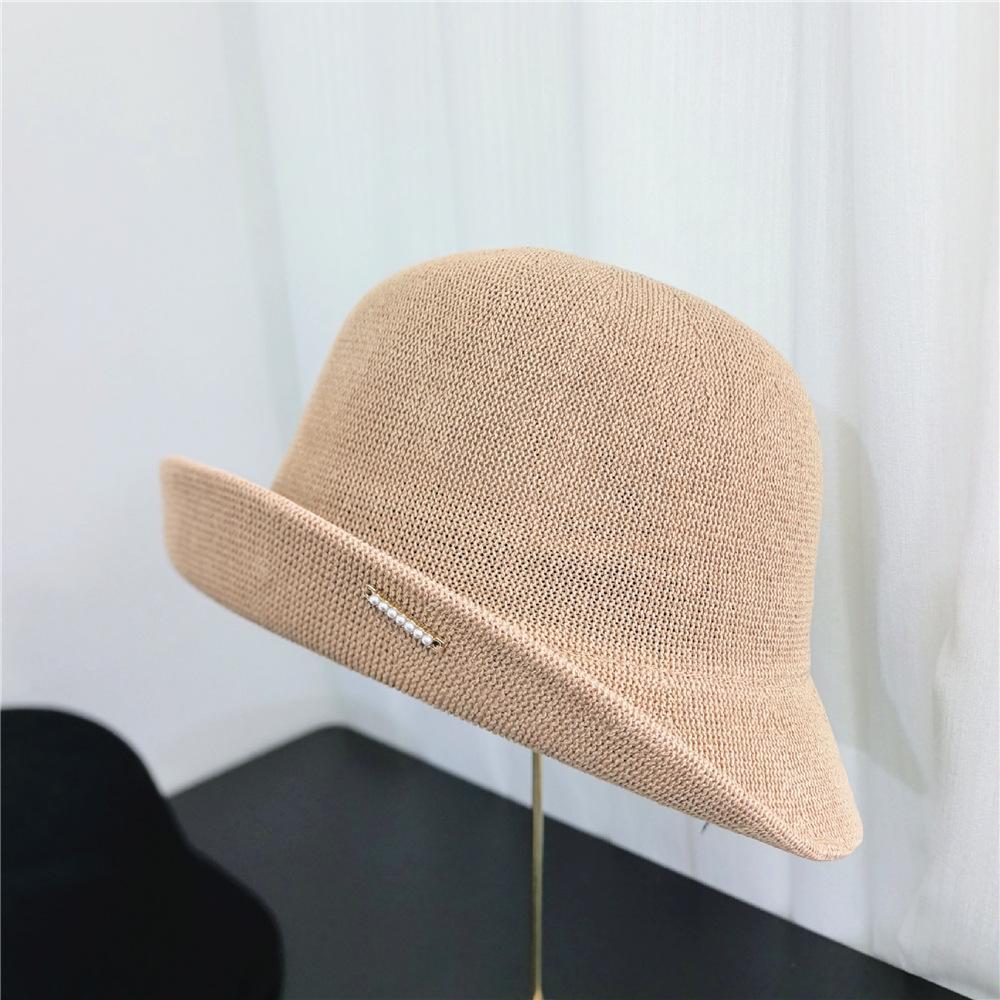 Women's Summer French Semi-Upturned Pearl Fisherman Hat Fashionable Basin Hat Hollow out Breathable Sun Hat