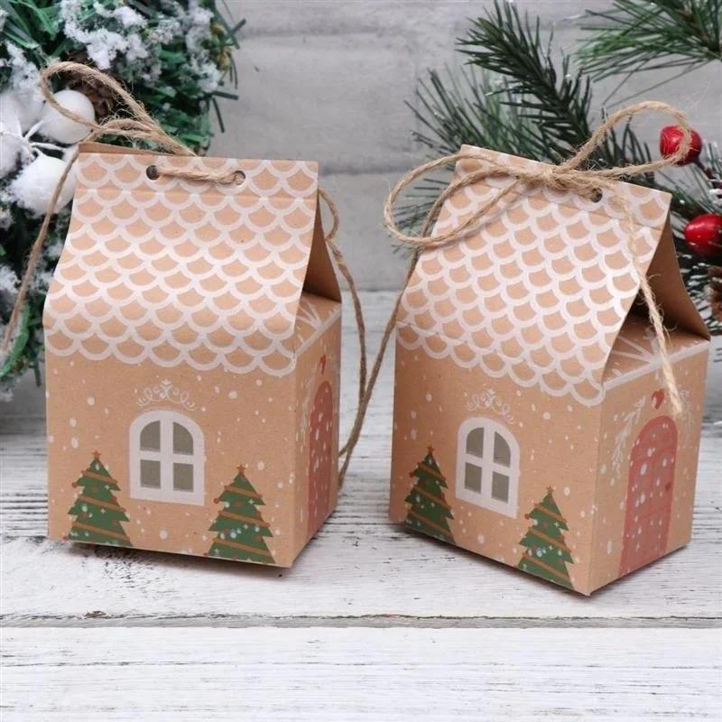 50pcs Party Xmas Decor House Shape Cookies Pouch Christmas Candy Box Kraft Paper Gift Bags Candy Box
