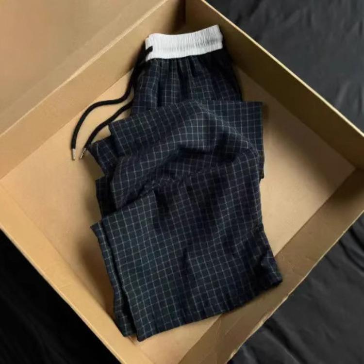 Summer Slimming Checked Loose-Fit Wide-Leg Casual Trousers for Women – Elasticated Waist with Drawstring Straight-Leg Trousers for Strolling