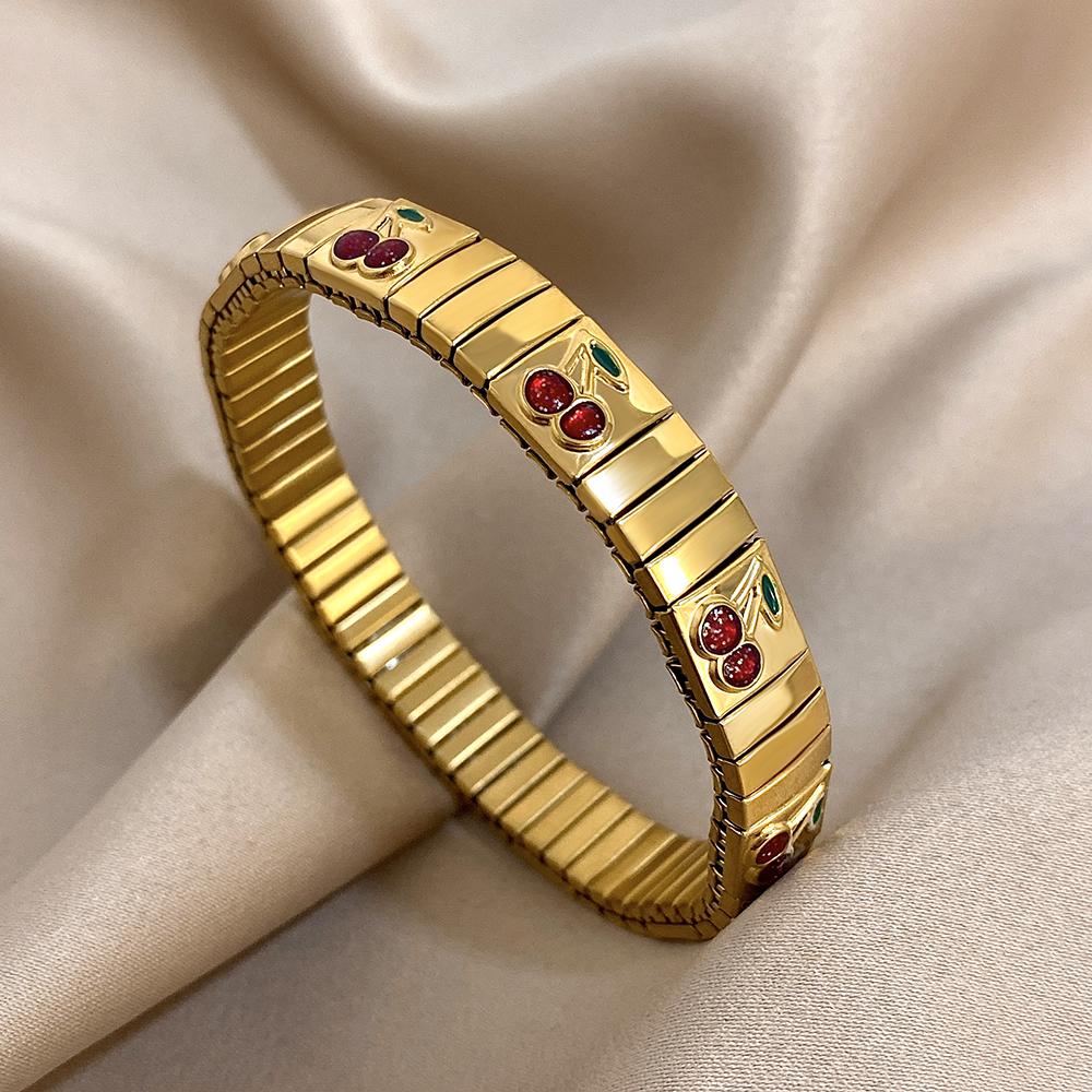 316L Stainless Steel Gold Color Strawberry Cherry Elastic Bangle Bracelet For Women Men Statement New Trend Wrist Zircon Gift