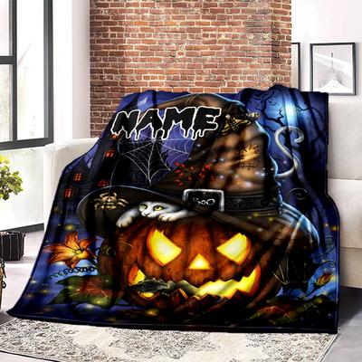 Halloween Witch Hat Pumpkin Name Blanket Cozy Soft Lightweight Multiseasonal Blanket For Picnics Sofas Offices Beds Living Rooms Perfect Gift For