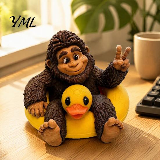 Lifelike Resin Statue Sasquatch And Duck Figurine, on Swimming Ring Statue, Small Collectible Ornament Funny Animal for Home Tabletop Shelf