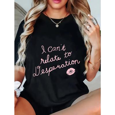 T-shirt Nera Non Posso Relazionarmi Alla Disperazione Testo Rosa Impronta di Rossetto Abbigliamento Casual Per Donne Outfit Quotidiano Moda Street Style Top