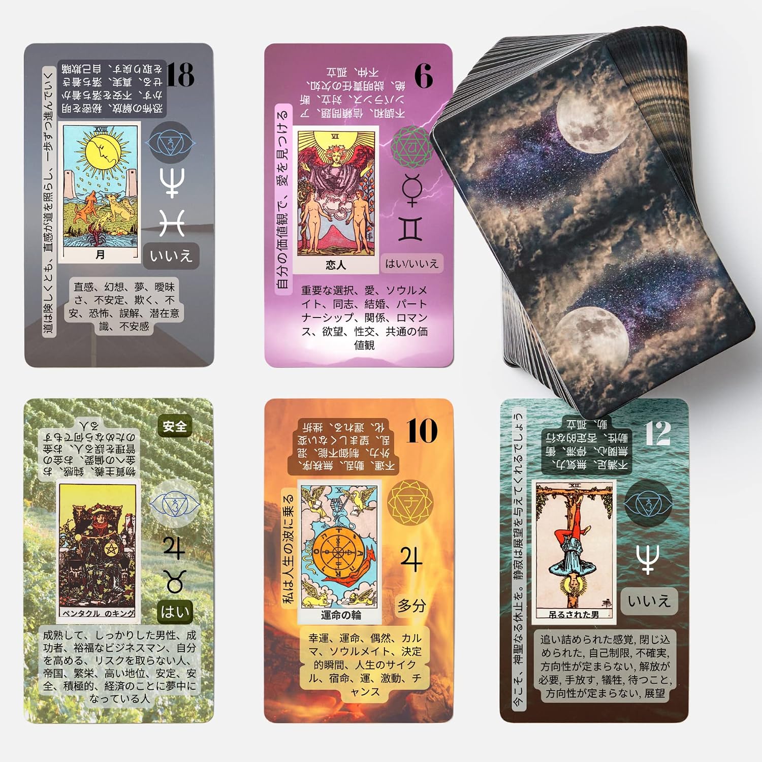 Tarot cards - beginner-friendly beginner keywords reversal chakra planet zodiac element yes no affirmation.